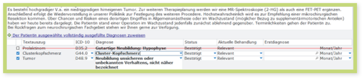 Auswahldialog im Arztbrief für exakte Diagnose-Auswahl